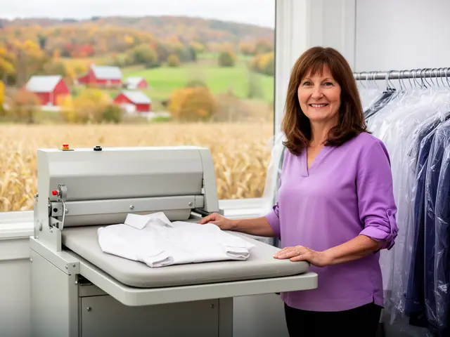 A smiling dry cleaner beside her new steam press with a crisp white shirt on it.