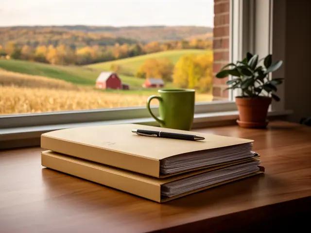 Closed kraft folders with a pen on a desk by a window onto autumn hills and a red barn.