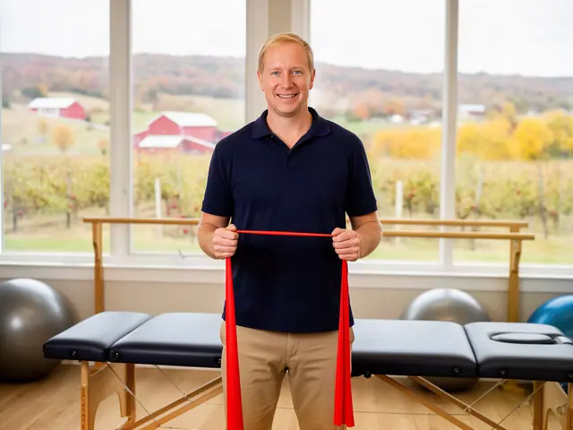 A smiling physical therapist stretching a red band behind treatment tables.