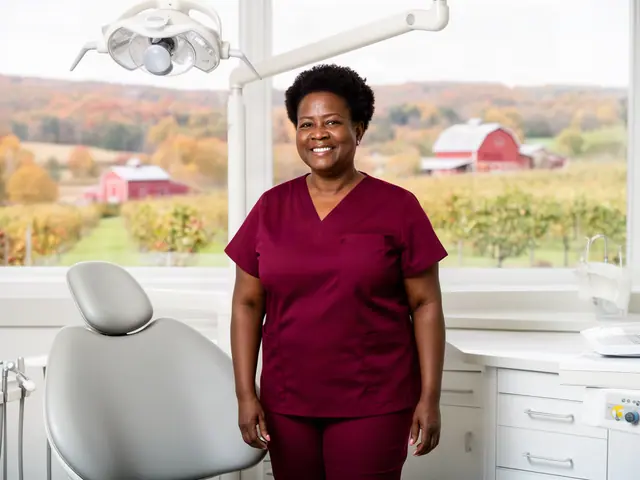 A smiling dentist in wine-red scrubs beside a dental chair by a window onto autumn hills.