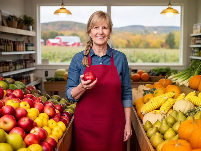 Grocery owner holding a red apple beside displays of apples, squash and corn