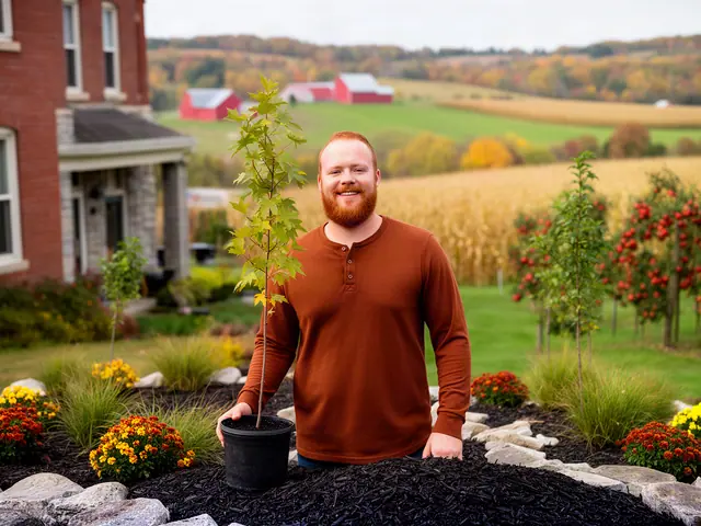 Landscaper planting a young maple in a new front bed, red barns and orchards behind