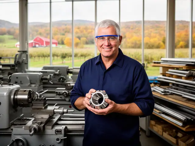 A smiling machinist in safety glasses holds a machined coupling beside his lathes.