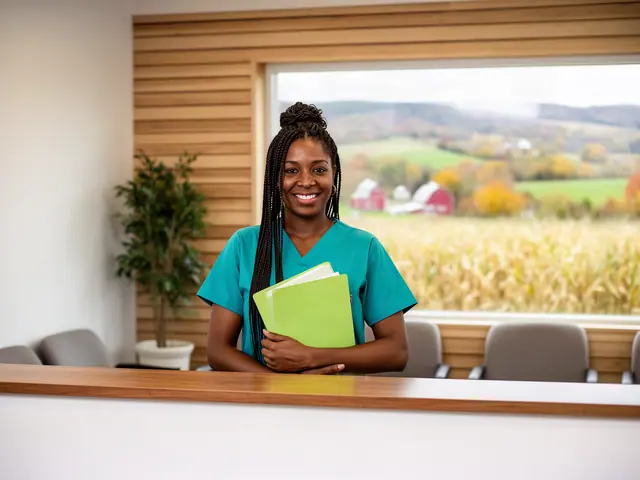 A smiling clinic office manager in teal scrubs holding green folders behind the reception counter.