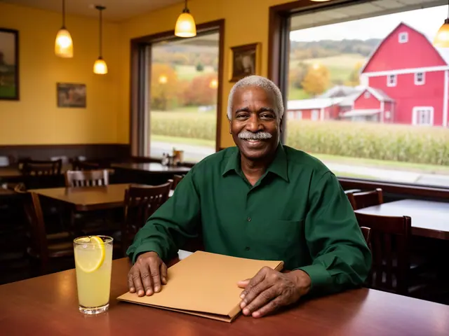 A smiling restaurant owner seated with a folder and lemonade in a warm yellow dining room.