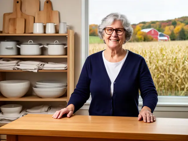 A smiling kitchen-shop owner behind her counter with enamel pots, cutting boards and bowls on the shelves.