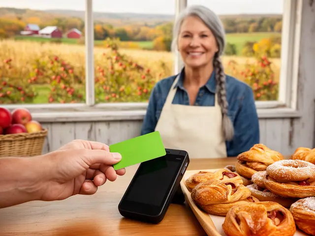 A customer taps a green card on a countertop terminal at a farm-market bakery with pastries.