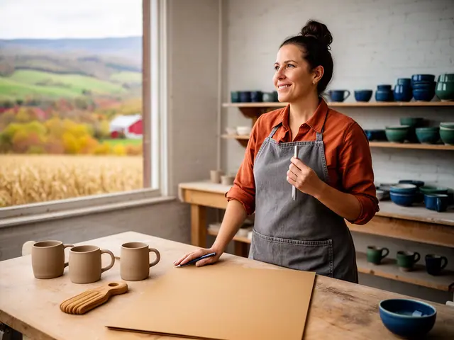 A smiling potter in an apron at her worktable with fresh clay mugs, shelves of glazed bowls behind her.